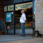 Man & dog in front of store